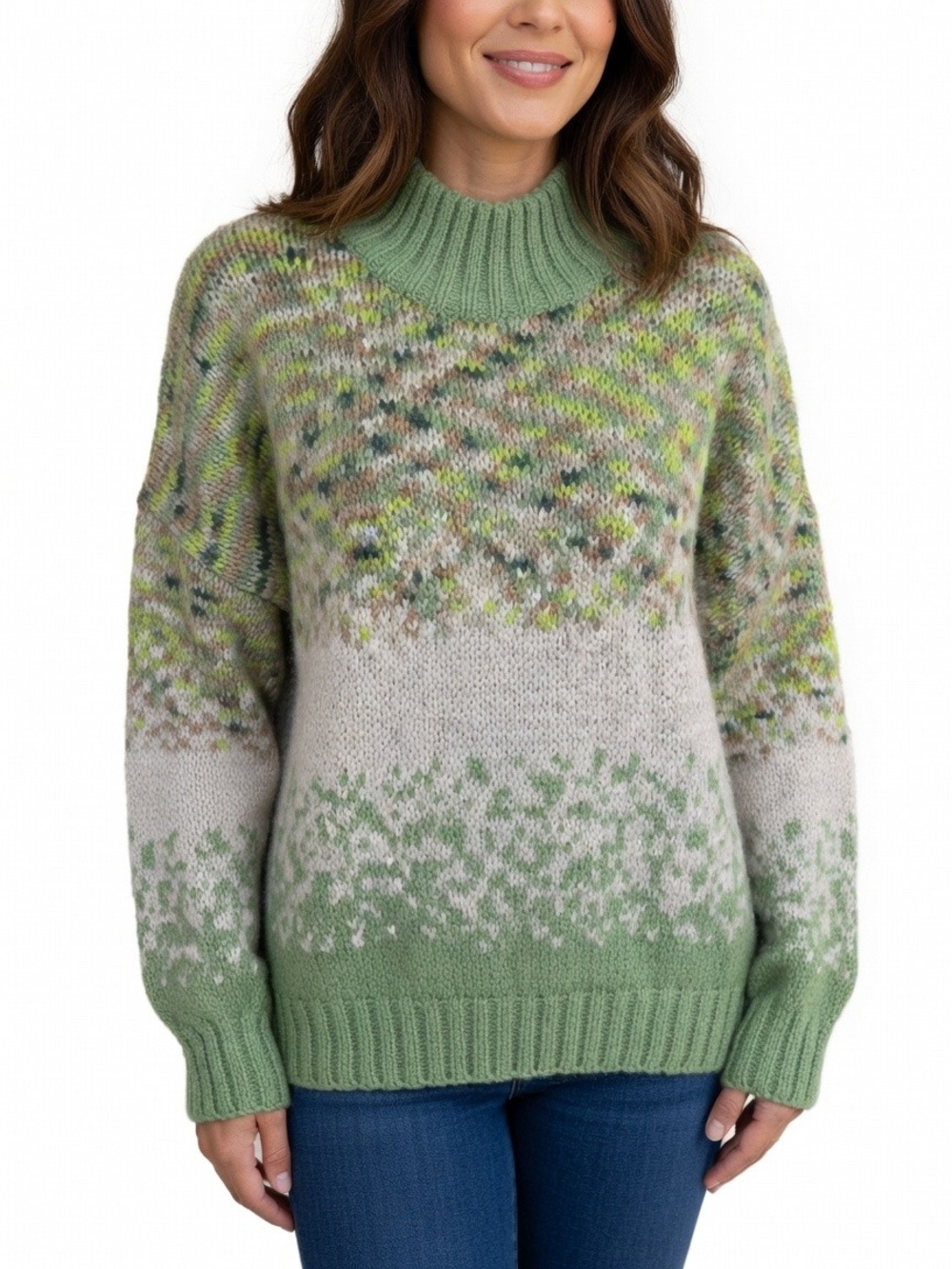 Aerie Sage And Cream Fair Isle Patterned Relaxed Fit Mockneck Knit Sweater XL